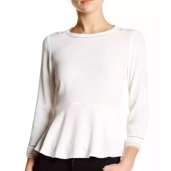 Rebecca Taylor Women's White Blouse Top Round Neck Lace Trim Crepe Size 4 (C-1) - Picture 1 of 11